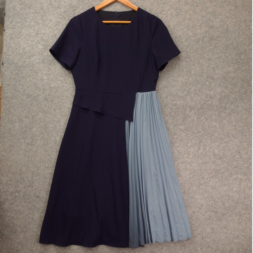 Navy Minimalist Colorblock Dress Womens M Blue Pleated Midi Elegant Career Mod